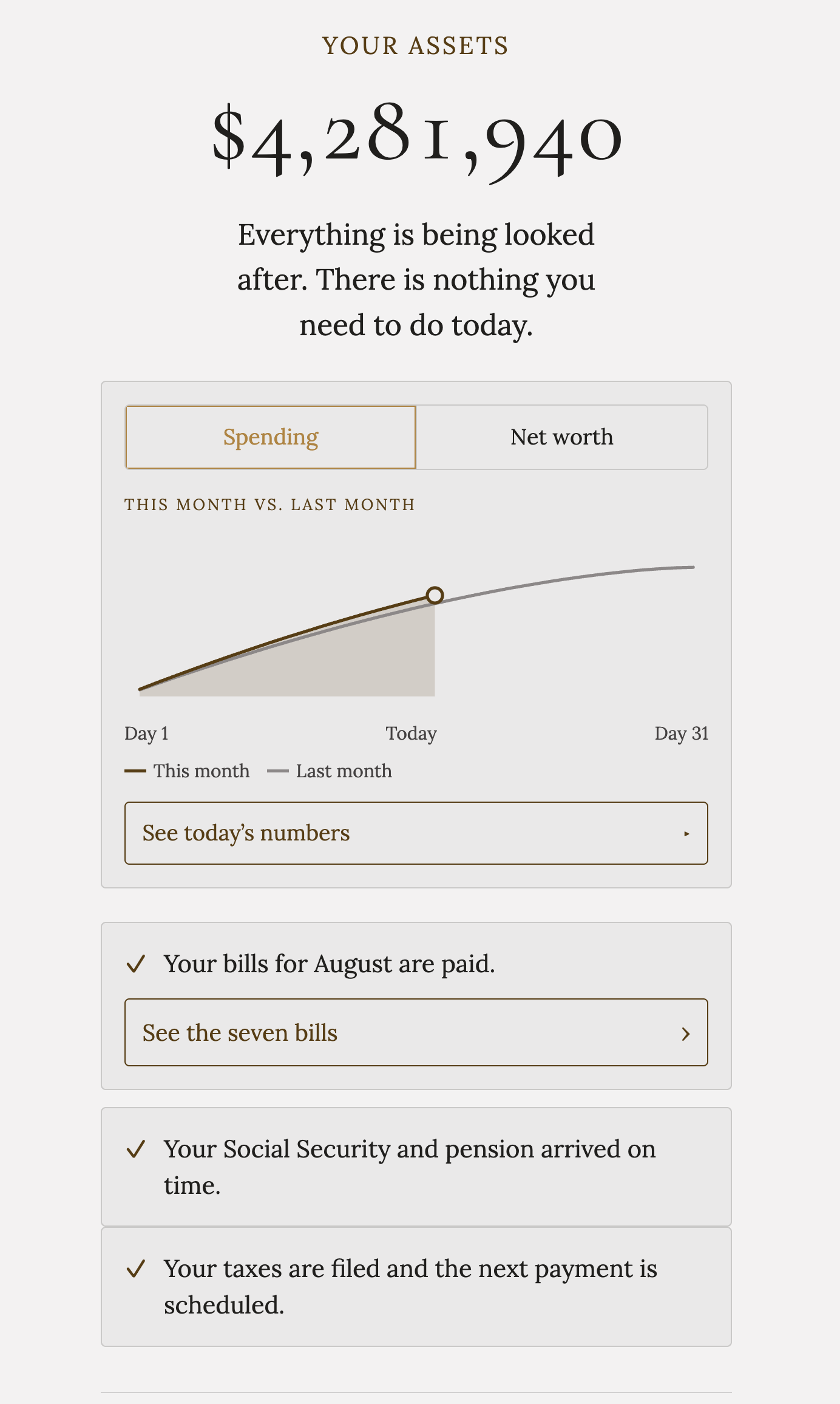 The Omnibus Trust mobile app showing a client's assets and monthly budget